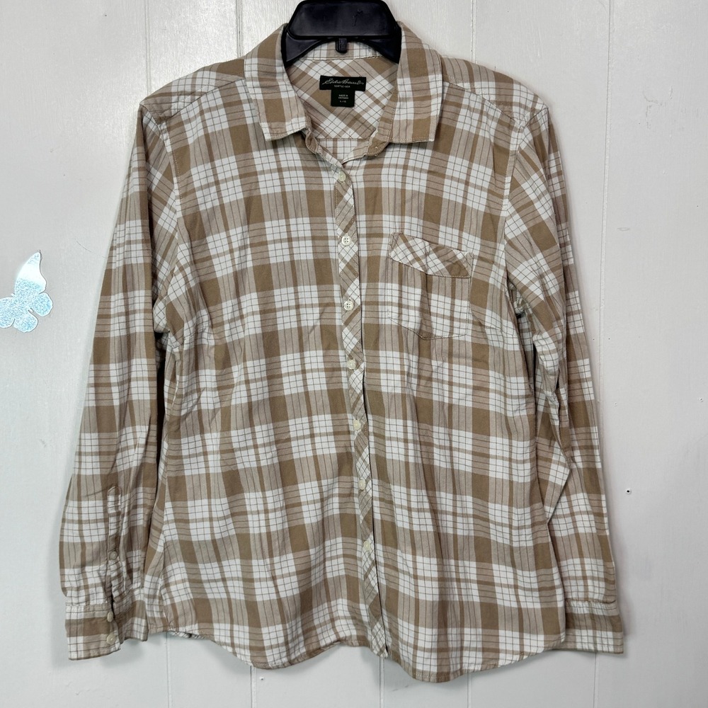 Eddie Bauer Womens Tan Plaid Long Sleeve Button Front Shirt Size Large Cotton